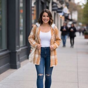 Streetwear Plaid Cotton Button Down Shirt w/ Sherpa Hood – 2X